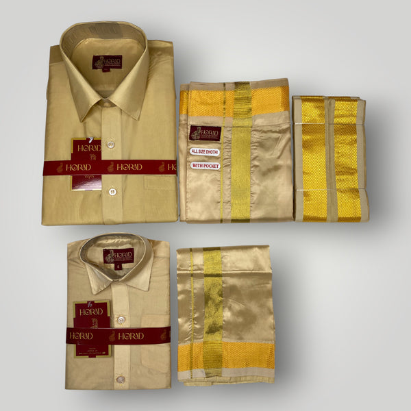 Horad Premium Art Silk Dad and Son Light Gold  Shirt + Welcro Dhoti + Angavastram