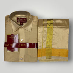 Horad Premium Art Silk Dad and Son Light Gold  Shirt + Welcro Dhoti