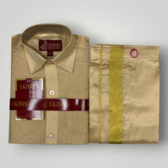 Horad Premium Art Silk Dad and Son Light Gold  Shirt + Dhoti + Angavastram + Belt
