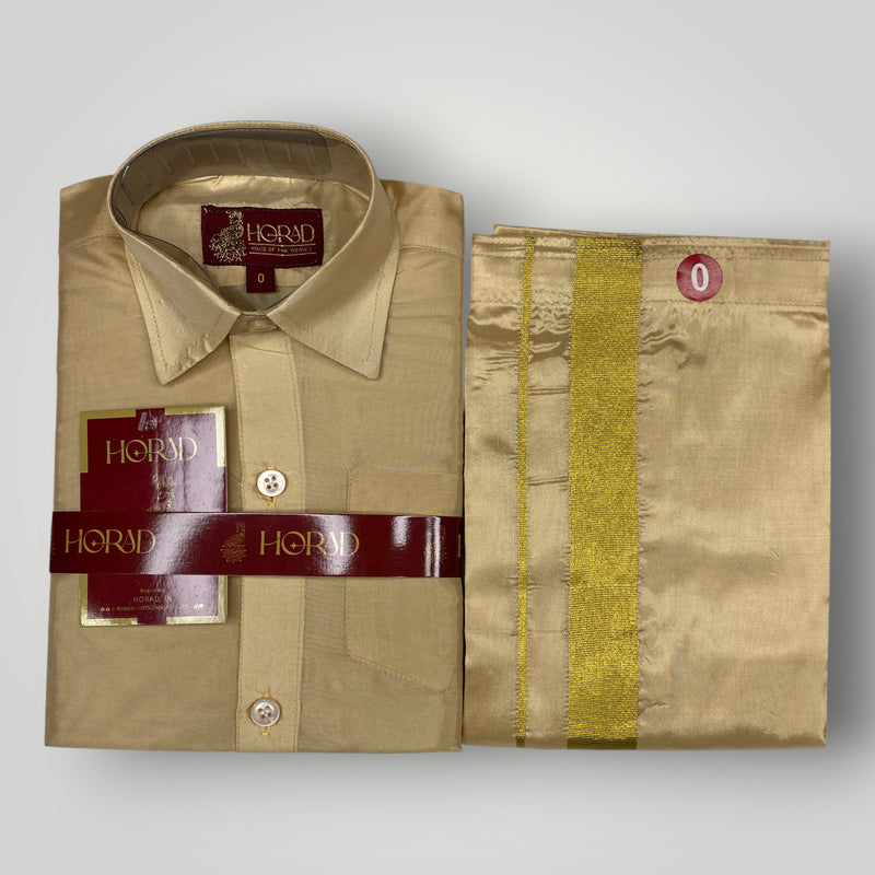 Horad Premium Art Silk Dad and Son Light Gold  Shirt + Dhoti + Angavastram + Belt