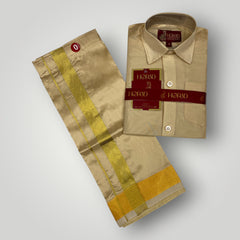 Horad Premium Art Silk Dad and Son Light Gold  Shirt + Welcro Dhoti