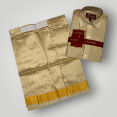 Horad Premium Art Silk Dad and Son Light Gold  Shirt + Welcro Dhoti + Angavastram