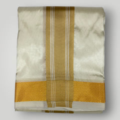 Horad Premium Art Silk Light Gold Shirt + Cream with Gold Border Dhoti