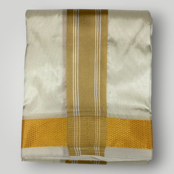 Horad Premium Art Silk Light Gold Shirt + Cream with Gold Border Dhoti