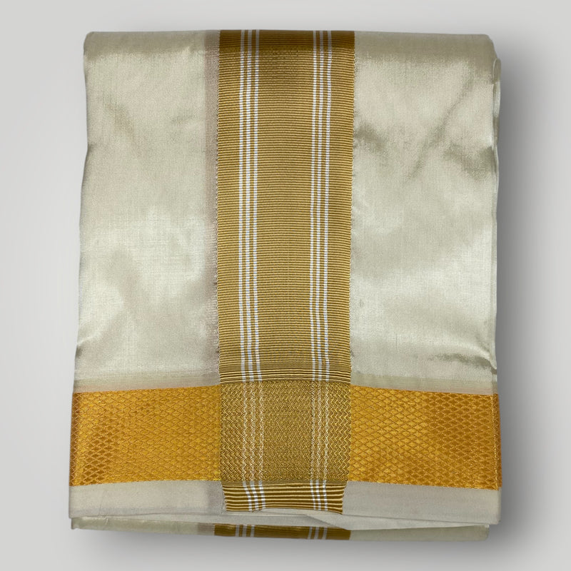 Horad Premium Art Silk Light Gold Shirt + Cream with Gold Border Dhoti