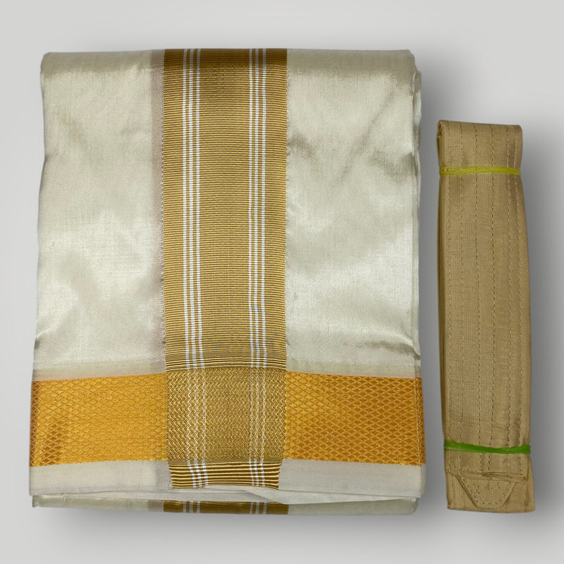 Horad Premium Art Silk Cream  Shirt + Cream with Gold Border Dhoti + Angavastram + Belt