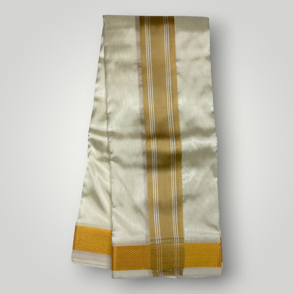 Horad Premium Art Silk Light Gold Shirt + Cream with Gold Border Dhoti + Belt