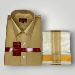 Horad Premium Art Silk Light Gold Shirt + Cream with Gold Border Dhoti