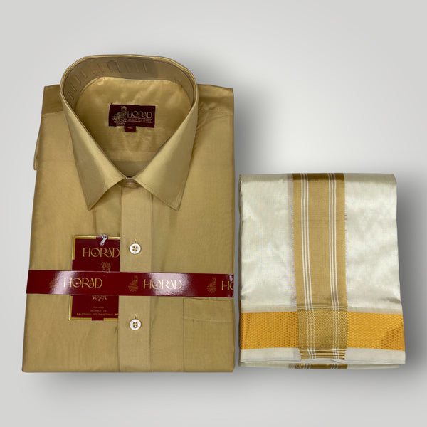 Horad Premium Art Silk Light Gold Shirt + Cream with Gold Border Dhoti