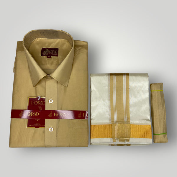 Horad Premium Art Silk Light Gold Shirt + Cream with Gold Border Dhoti + Belt