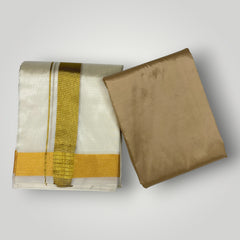 HORAD Premium Art Silk Cream with Gold Dhoti with Light Gold Shirt Material
