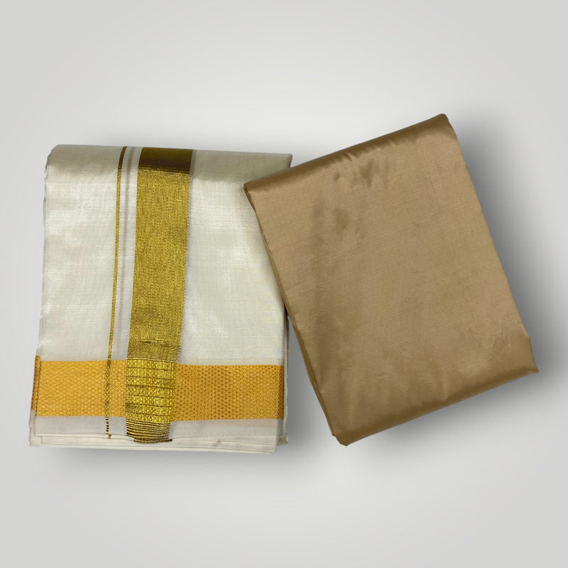 HORAD Premium Art Silk Cream with Gold Dhoti with Light Gold Shirt Material