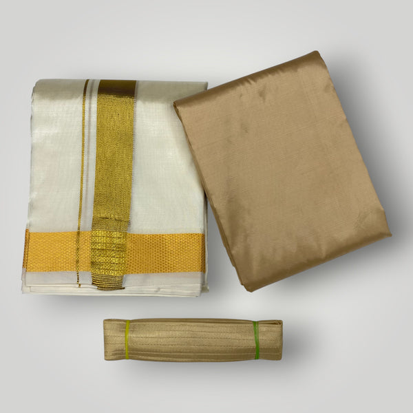 HORAD Premium Art Silk Cream with Gold Dhoti with Light Gold Shirt Material + Belt