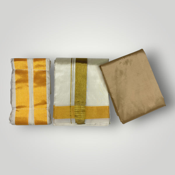 HORAD Premium Art Silk Light Gold Shirt Material with Cream with Gold Dhoti + Angavastram