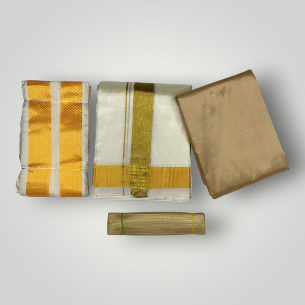 HORAD Premium Art Silk Light Gold Shirt Material (3 Meter) + Cream (9X5) Dhoti + Angavastram + Belt