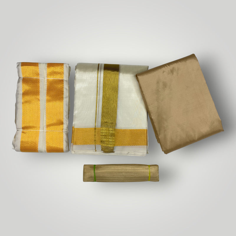 HORAD Premium Art Silk Light Gold Shirt Material with  Cream Dhoti + Angavastram + Belt