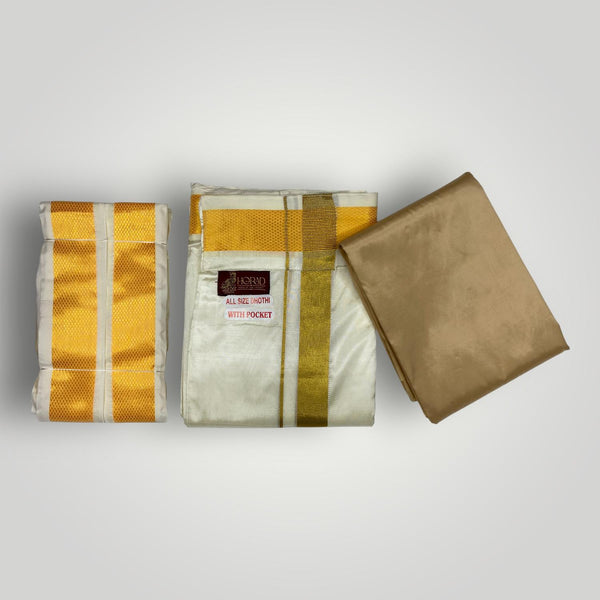 HORAD Premium Art Silk Light Gold Shirt Material with Cream with Gold  Welcro Dhoti + Angavastram