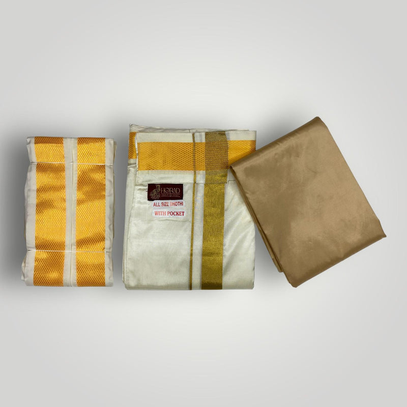 HORAD Premium Art Silk Light Gold Shirt Material with Cream with Gold  Welcro Dhoti + Angavastram