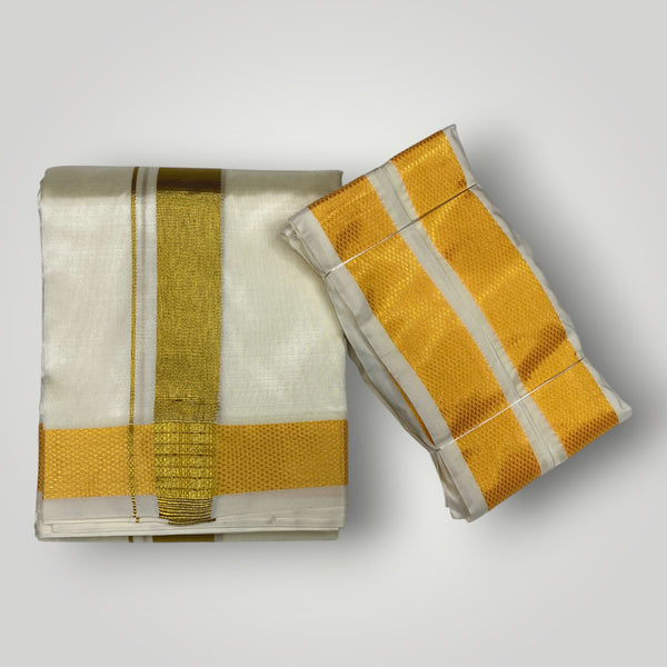HORAD Premium Art Silk Cream Dhoti + Angavastram (8X4)