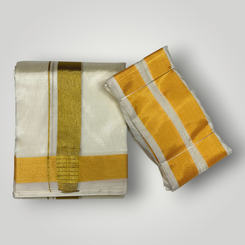 HORAD Premium Art Silk Cream Dhoti + Angavastram (9X5)