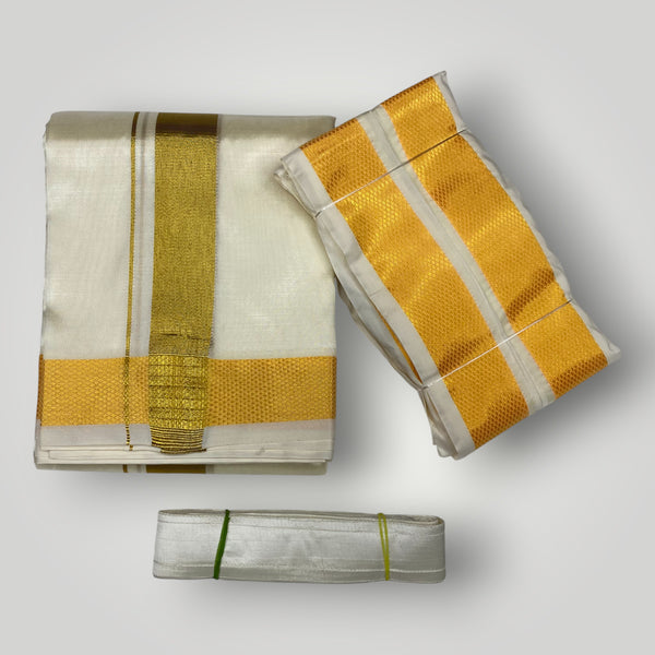 HORAD Premium Art Silk Cream Dhoti + Angavastram + Belt (10X6)