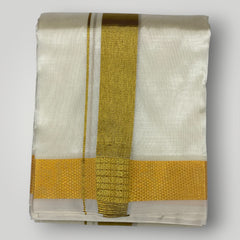 HORAD Premium Art Silk Light Gold Shirt Material (3 Meter) + Cream (9X5) Dhoti + Angavastram + Belt