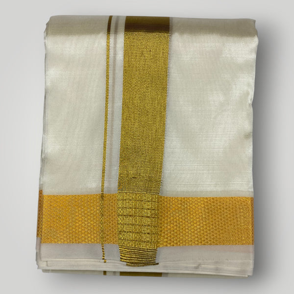 HORAD Premium Art Silk Cream with Gold Dhoti with Light Gold Shirt Material + Belt
