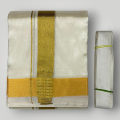 Horad Premium Art Silk Dad and Son Light Gold  Shirt + Cream Dhoti + Angavastram + Belt