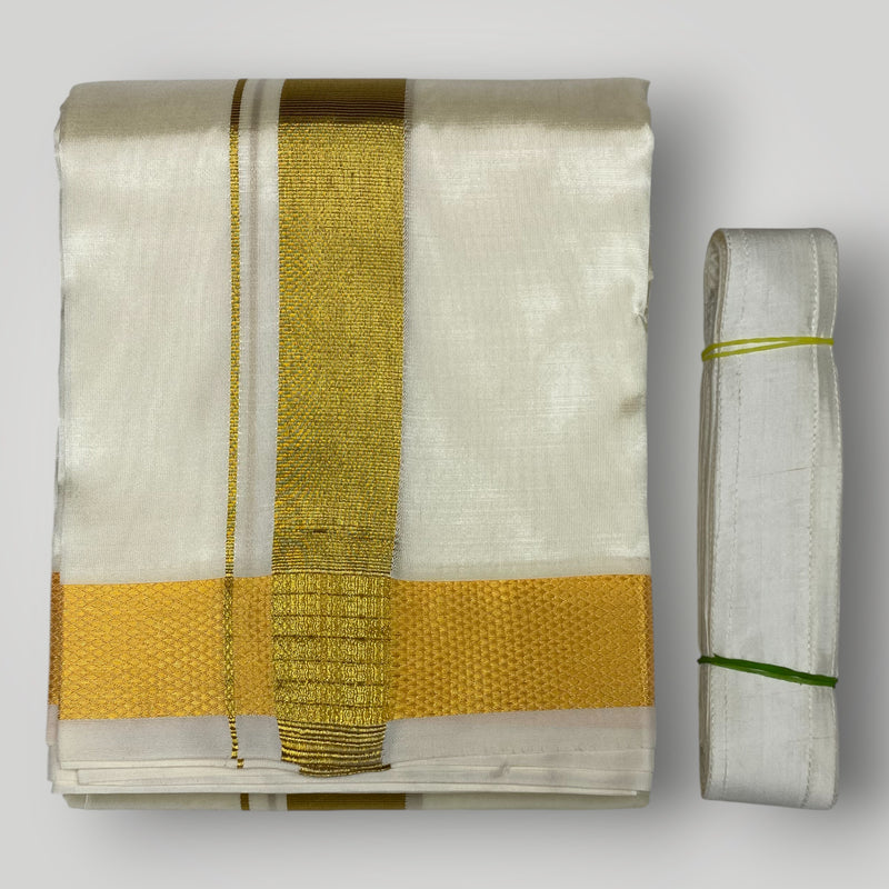 Horad Premium Art Silk Dad and Son Light Gold  Shirt + Cream Dhoti + Angavastram + Belt