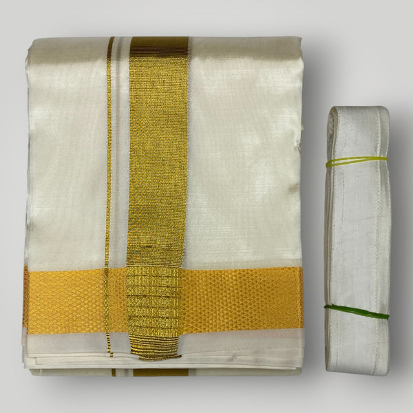 HORAD Premium Art Silk Cream with Gold Dhoti + Angavastram + Belt (9X5)
