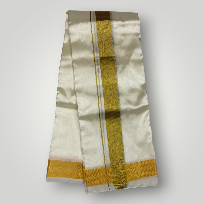 Horad Premium Art Silk Dad and Son Light Gold  Shirt + Cream Dhoti + Angavastram + Belt
