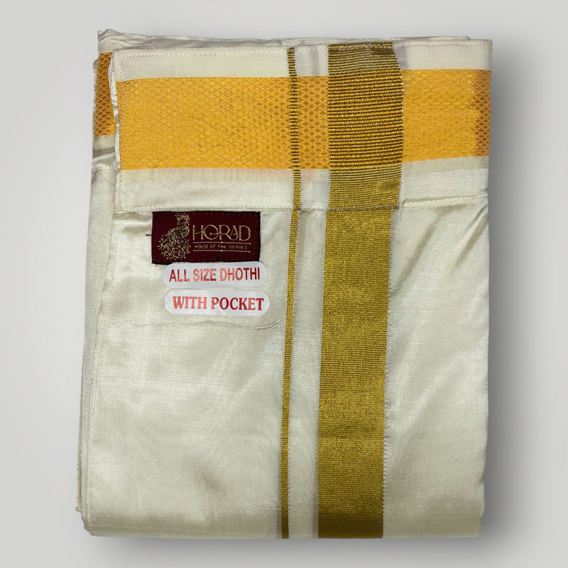 Horad Premium Art Silk Dad and Son Light Gold  Shirt + Cream Welcro Dhoti + Angavastram