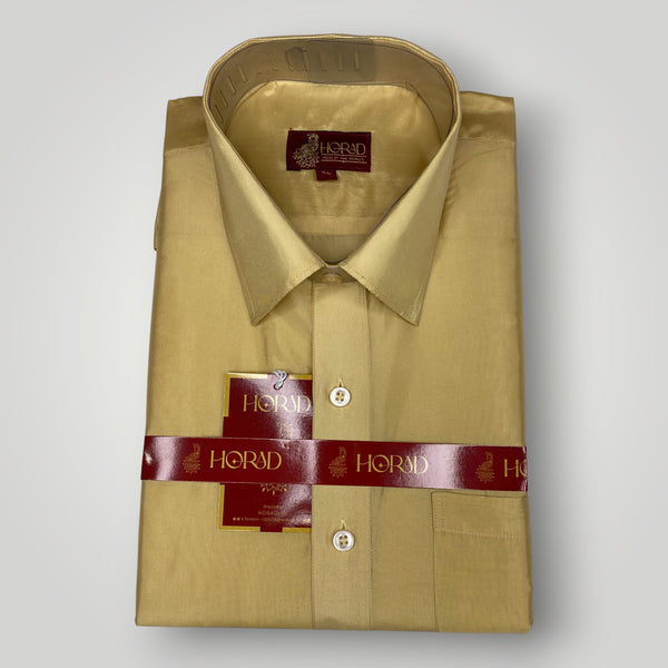 Horad Premium Art Silk Light Gold Shirt + Cream with Gold Border Dhoti + Angavastram