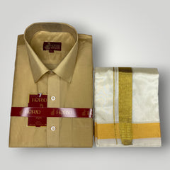 Horad Premium Art Silk Light Gold Shirt + Cream with Gold Dhoti