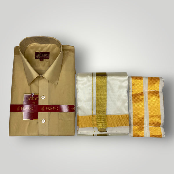 Horad Premium Art Silk Light Gold Shirt + Cream with Gold Dhoti +  Angavastram