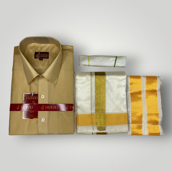 Horad Premium Art Silk Light Gold  Shirt + Cream Dhoti +  Angavastram + Belt