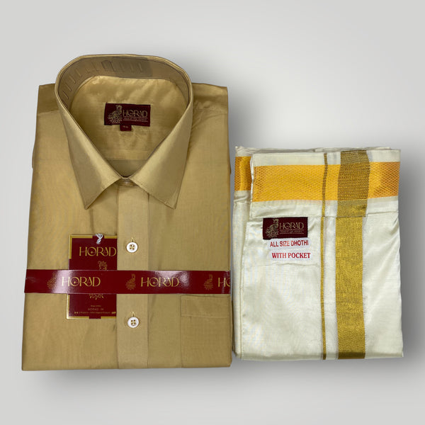 Horad Premium Art Silk Light Gold  Shirt + Cream with Gold Welcro Dhoti