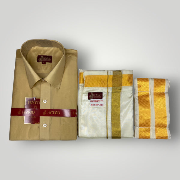 Horad Premium Art Silk Light Gold  Shirt + Cream with Gold Welcro Dhoti + Angavastram