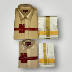 Horad Premium Art Silk Dad and Son Light Gold  Shirt + Cream Dhoti