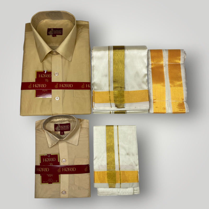 Horad Premium Art Silk Dad and Son Light Gold Shirt + Cream with Gold Dhoti + Angavastram