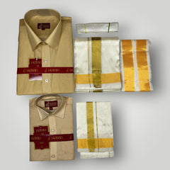 Horad Premium Art Silk Dad and Son Light Gold  Shirt + Cream Dhoti + Angavastram + Belt