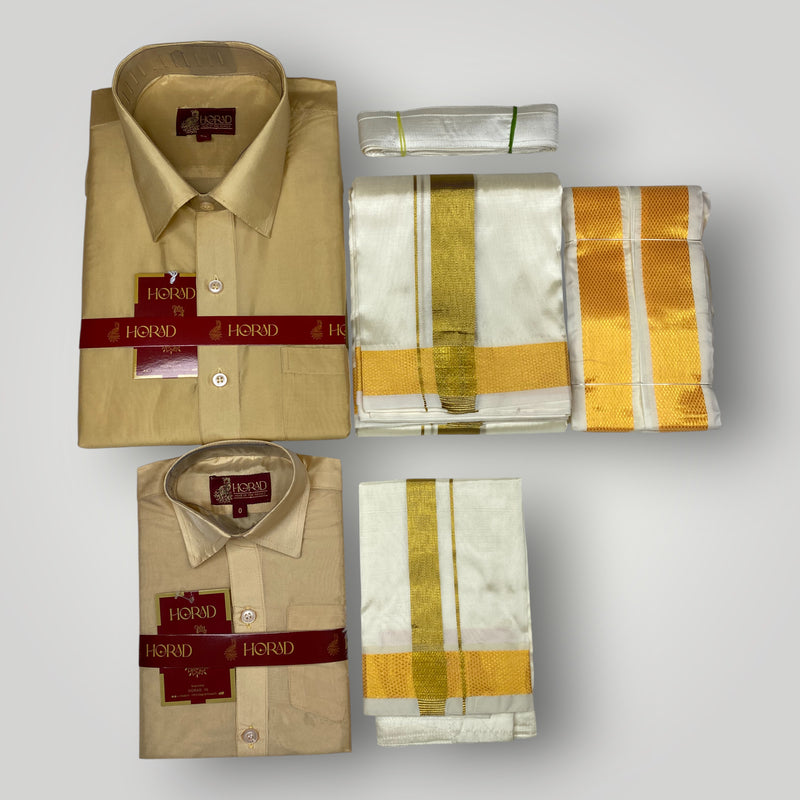 Horad Premium Art Silk Dad and Son Light Gold  Shirt + Cream Dhoti + Angavastram + Belt