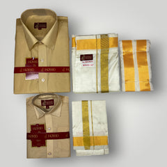 Horad Premium Art Silk Dad and Son Light Gold  Shirt + Cream Welcro Dhoti + Angavastram