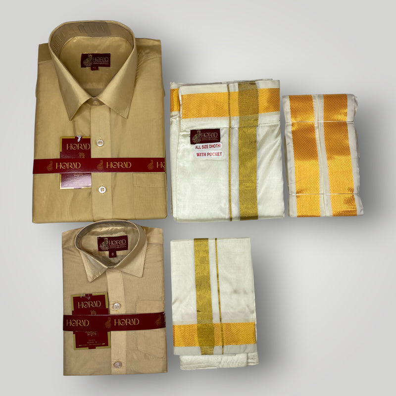 Horad Premium Art Silk Dad and Son Light Gold  Shirt + Cream Welcro Dhoti + Angavastram