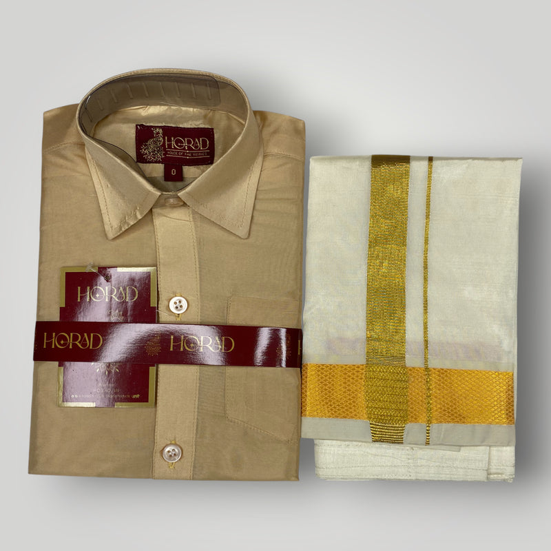 Horad Premium Art Silk Dad and Son Light Gold  Shirt + Cream Welcro Dhoti + Angavastram