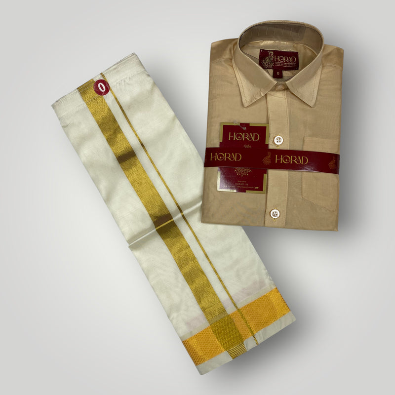 Horad Premium Art Silk Dad and Son Light Gold Shirt + Cream with Gold Dhoti + Angavastram
