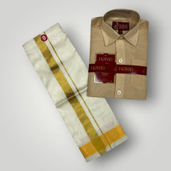 Horad Premium Art Silk Dad and Son Light Gold  Shirt + Cream Dhoti