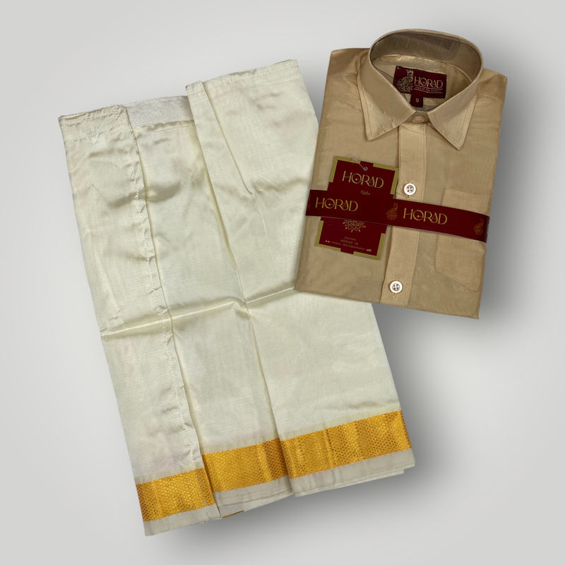 Horad Premium Art Silk Dad and Son Light Gold  Shirt + Cream Dhoti + Angavastram + Belt
