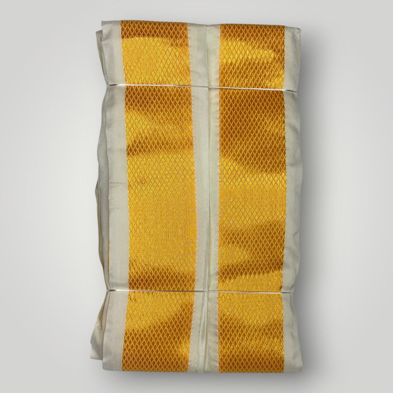 HORAD Premium Art Silk Light Gold Shirt Material with Cream with Gold Dhoti + Angavastram