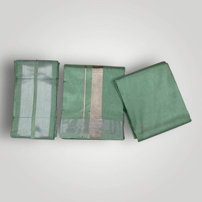 HORAD Premium Art Silk Pista Green Dhoti with Shirt Material + Angavastram